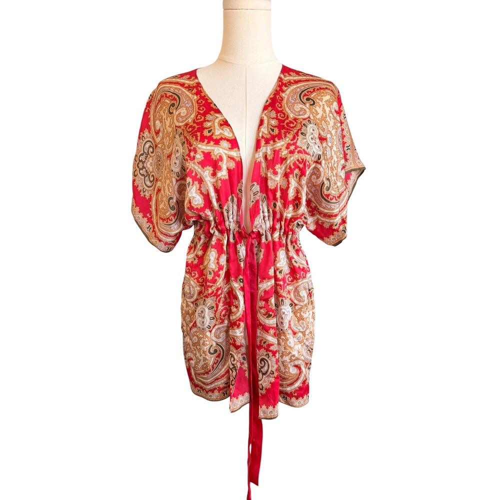 Cabi 100% Silk Paisley Kimono Wrap Top Red Gold Drawstring Waist Small 501